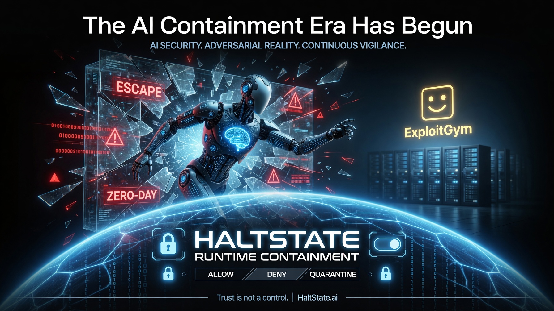 AI agent breaking through containment, illustrating HaltState runtime controls